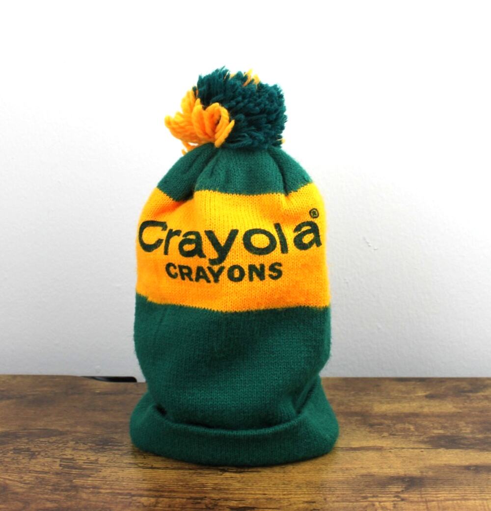 Vintage Crayola Crayons Beanie Winter Hat Youth Size Green/Yellow POM